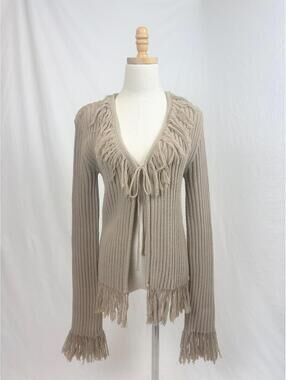 Vintage 90s y2k Taupe Tie-Front Chunky Cardigan with Fringe Medium Mandee